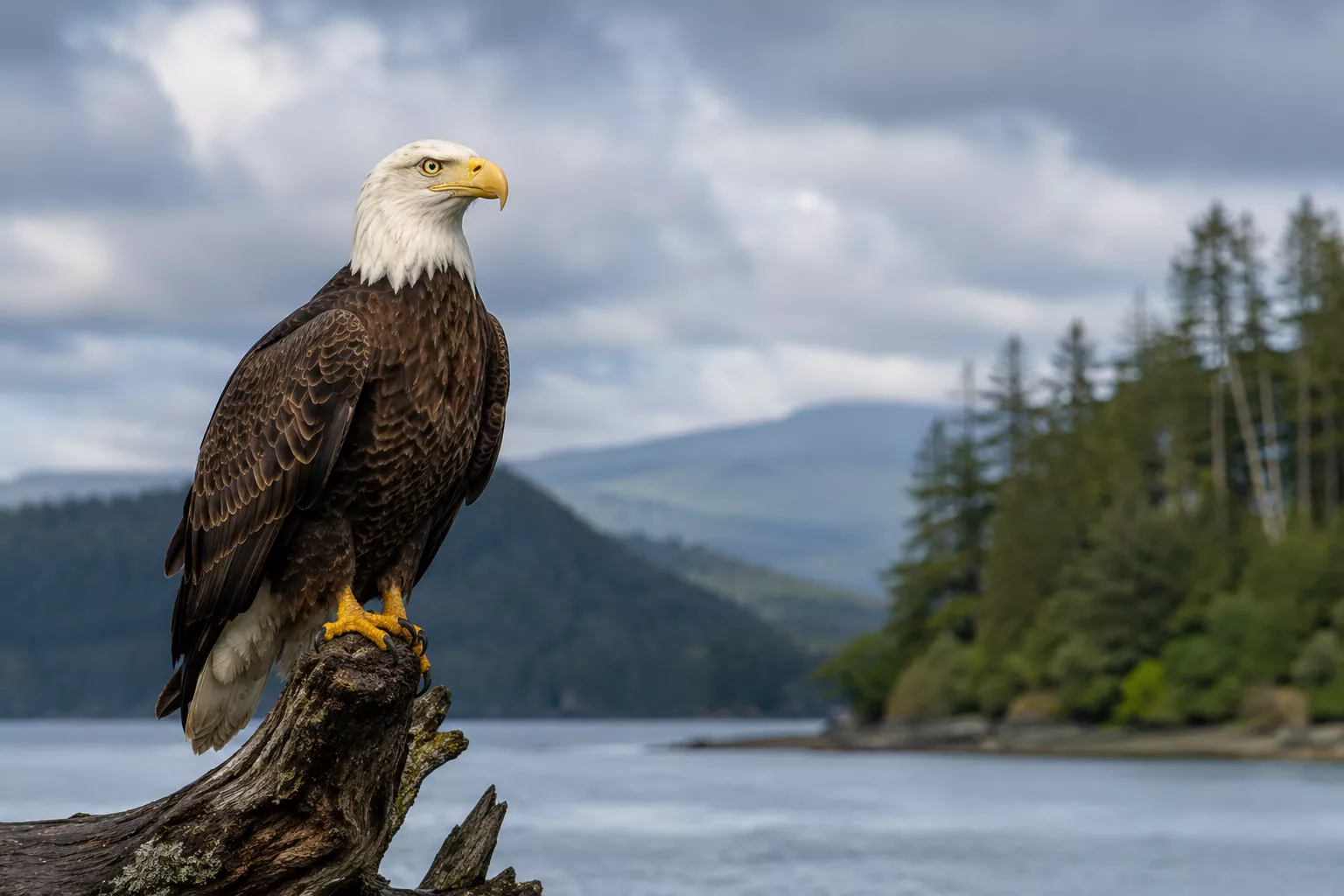 Bald eagle above a coastal forest and waterway